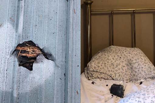 루스 해밀턴이 촬영한 구멍 뚫린 천장과  침대 위의 운석 사진